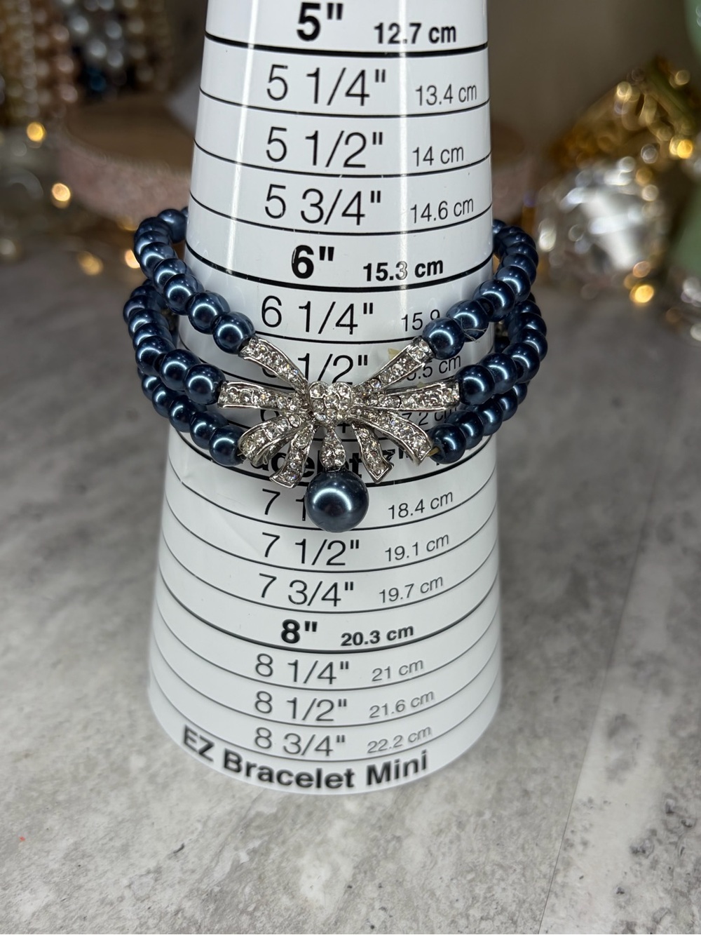 Stretch Glass Pearl Rhinestone Bracelet Blue Silver Tone Jewelry